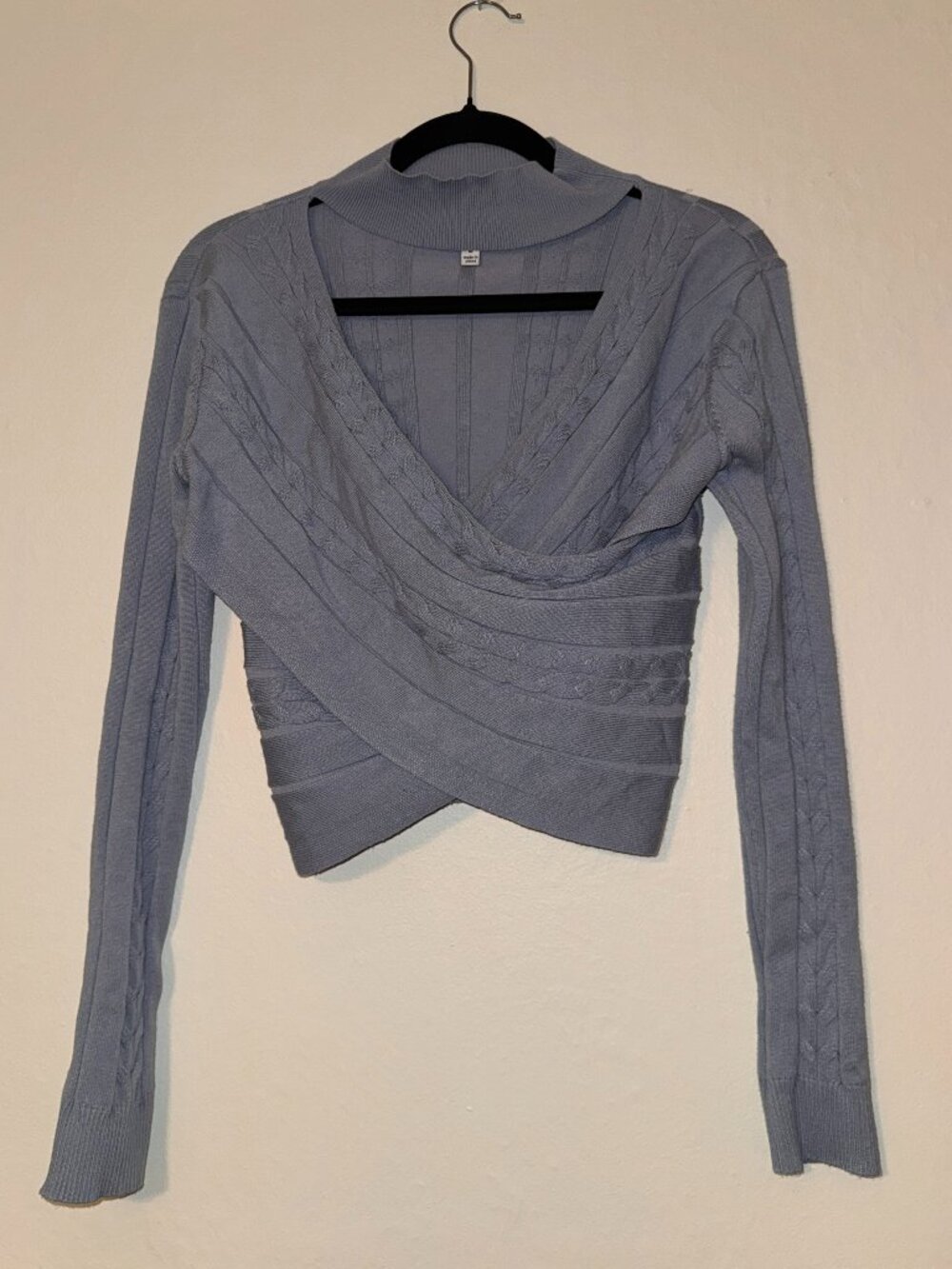 Dusty Blue Cable Knit Wrap Front Cropped Choker Sweater